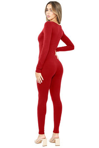 Red Snatched Scoop Neck Long Sleeve Jumpsuits