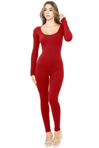 Red Snatched Scoop Neck Long Sleeve Jumpsuits