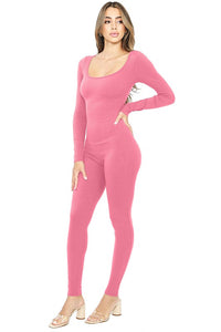 Pink Carnation Snatched Scoop Neck Long Sleeve Jumpsuits