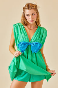 Green Colorblocked Ribbon Detail Poplin Romper Dress