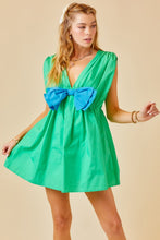 Green Colorblocked Ribbon Detail Poplin Romper Dress