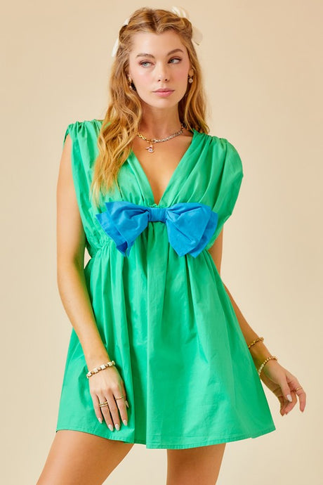 Green Colorblocked Ribbon Detail Poplin Romper Dress