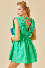 Green Colorblocked Ribbon Detail Poplin Romper Dress