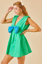 Green Colorblocked Ribbon Detail Poplin Romper Dress