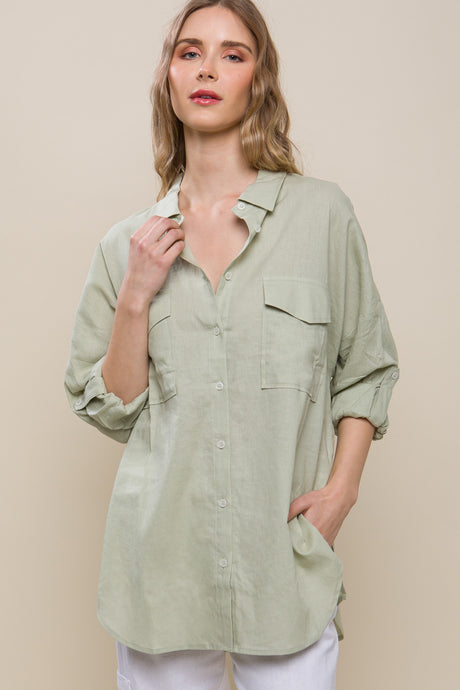 Celery Linen Oversized Double Pocket Button Down Shirt