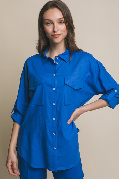 Cobalt Linen Oversized Double Pocket Button Down Shirt