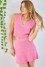 Candy Pink V-Neck Cropped Top And Mini Skirt Sweater Set