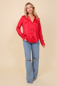 Red Satin Collared Button Down Blouse