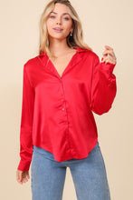 Red Satin Collared Button Down Blouse