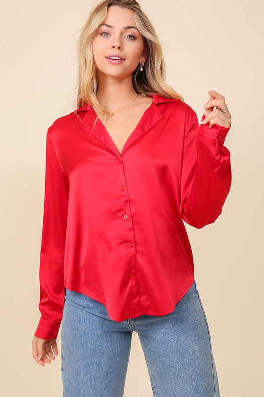 Red Satin Collared Button Down Blouse