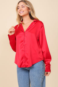 Red Satin Collared Button Down Blouse