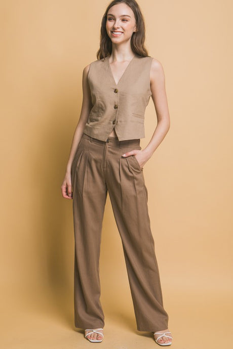 Taupe Linen Tailored Wide Leg Pants