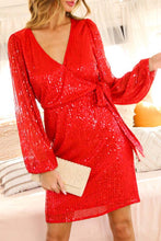 Red Tie Waist Sequin Midi Dress