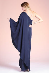 Navy Washed Poly Silk Athena One Shoulder Maxi