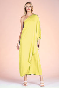 Chartreuse Washed Poly Silk Athena One Shoulder Maxi