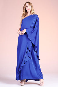 Royal Blue Washed Poly Silk Athena One Shoulder Maxi
