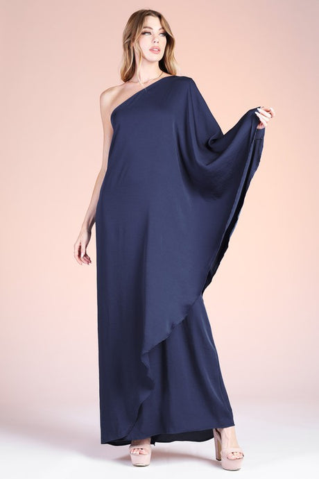 Navy Washed Poly Silk Athena One Shoulder Maxi