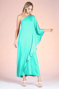 Green Washed Poly Silk Athena One Shoulder Maxi