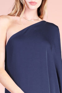 Navy Washed Poly Silk Athena One Shoulder Maxi