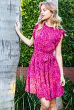 Magenta Floral Print Self-Tie Waist Dress