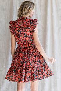 Orange Floral Print Self-Tie Waist Dress