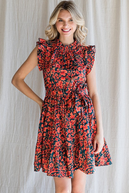 Orange Floral Print Self-Tie Waist Dress