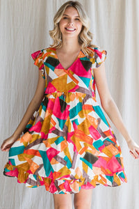 Fuchsia Print Ruffled Cap Shoulder Dress