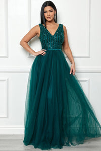 Emerald Sleeveless Sequin Top Tulle Maxi Dress