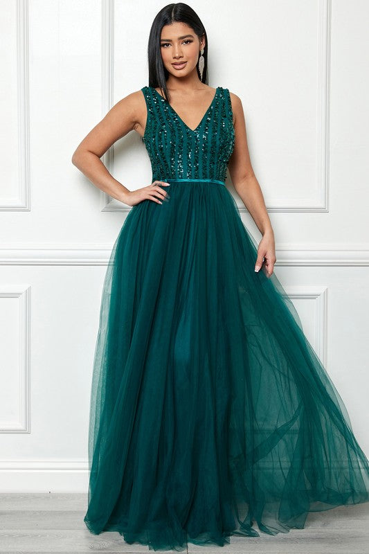 Emerald Sleeveless Sequin Top Tulle Maxi Dress Aquarius Brand Emerald Sleeveless Sequin Top Tulle Maxi Dress Aquarius Brand