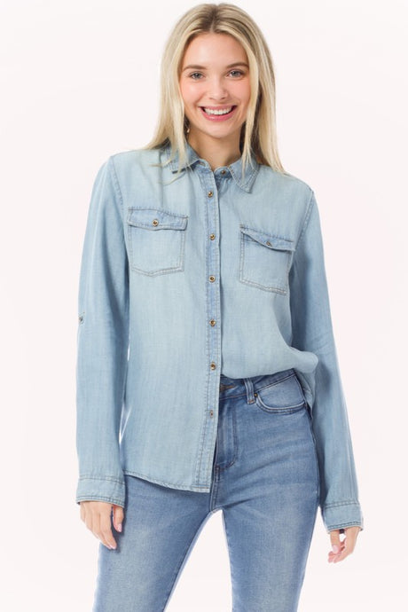 Light Denim Chambray Button Down Top Denim Blouse Shirt