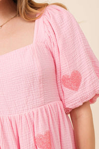 Pink Heart Patch Gauze Valentine Romper