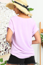 Lavender V Neck Trim Rolled Short Sleeve Shirts Blouse Top