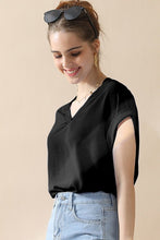 Black V Neck Trim Rolled Short Sleeve Shirts Blouse Top