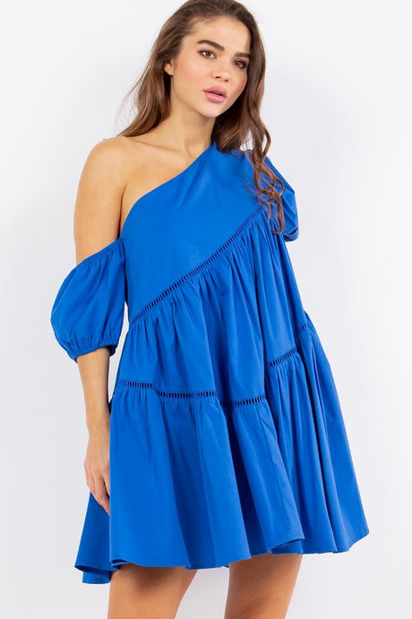 Royal Blue One Shoulder Flare Mini Dress