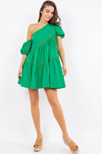 Green One Shoulder Flare Mini Dress