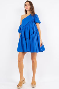 Royal Blue One Shoulder Flare Mini Dress
