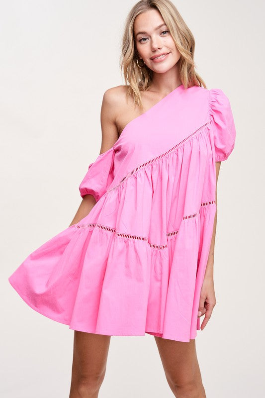 Pink One Shoulder Flare Mini Dress