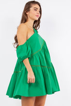 Green One Shoulder Flare Mini Dress