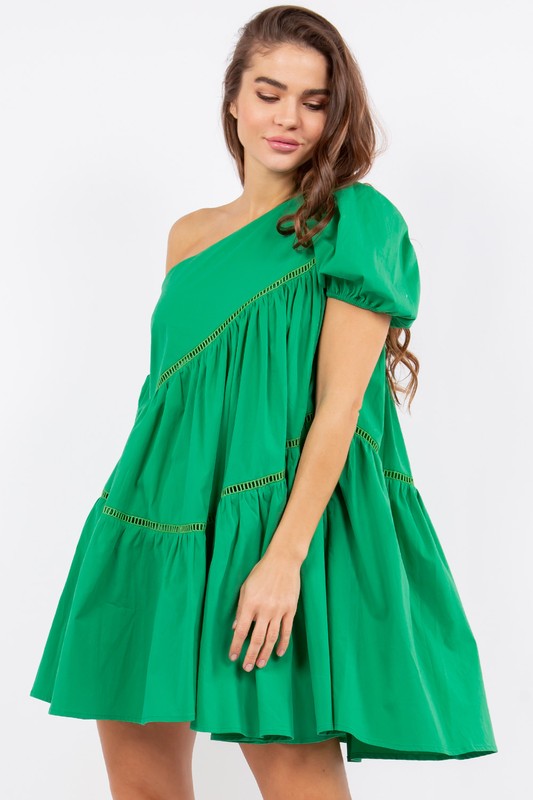 Green One Shoulder Flare Mini Dress Aquarius Brand Green One Shoulder Flare Mini Dress Aquarius Brand