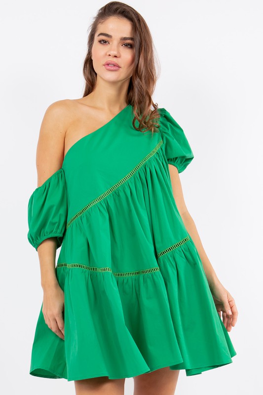 Green One Shoulder Flare Mini Dress