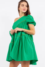 Green One Shoulder Flare Mini Dress