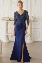 Navy Blue Floor Length Mob Gown With 3/4 Sleeves V Neckline