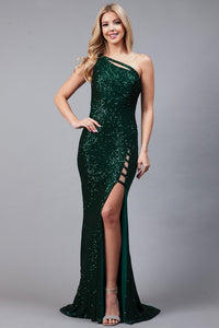 Emerald One Shoulder Sequin Dress With High Slit