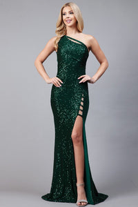 Emerald One Shoulder Sequin Dress With High Slit