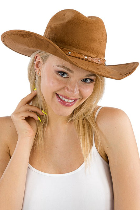 Light Brown Monochrome Belt Faux Nubuck Suede Cowboy Hat