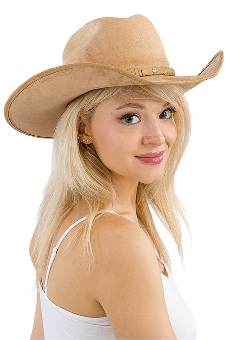 Beige Monochrome Belt Faux Nubuck Suede Cowboy Hat