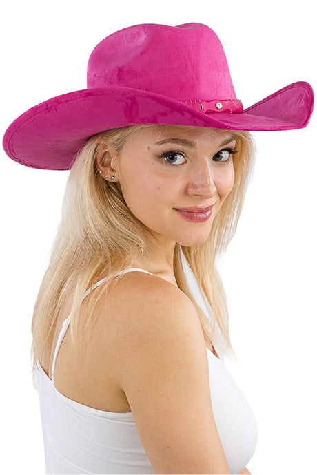 Hot Pink Monochrome Belt Faux Nubuck Suede Cowboy Hat