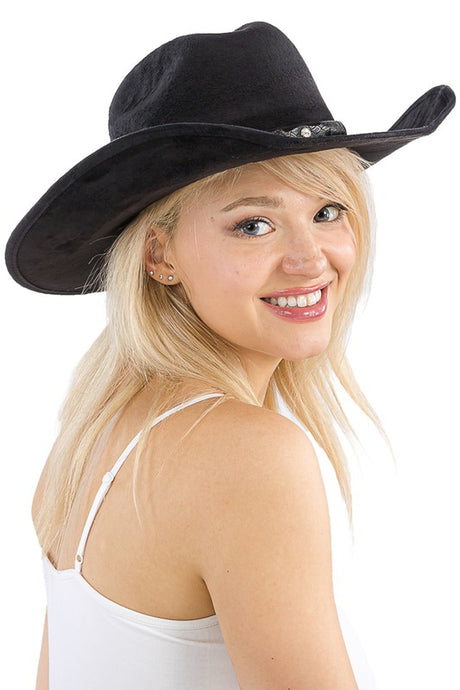 Black Monochrome Belt Faux Nubuck Suede Cowboy Hat