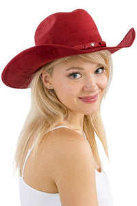 Dark Red Monochrome Belt Faux Nubuck Suede Cowboy Hat