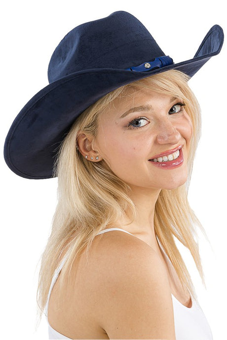 Navy Blue Monochrome Belt Faux Nubuck Suede Cowboy Hat